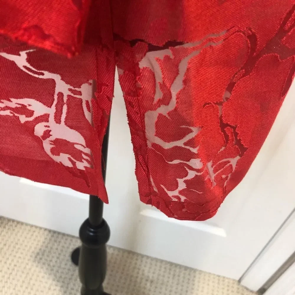 TanJay red button down blouse with sheer flowers - Picture 7 of 11